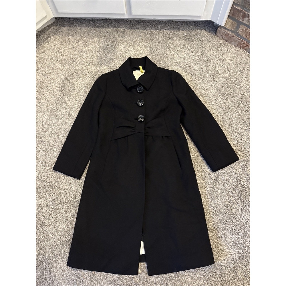 Kate Spade Black Wool Ribbon Bow / Tie 100% Wool Trench Coat Size 6 Outerwear